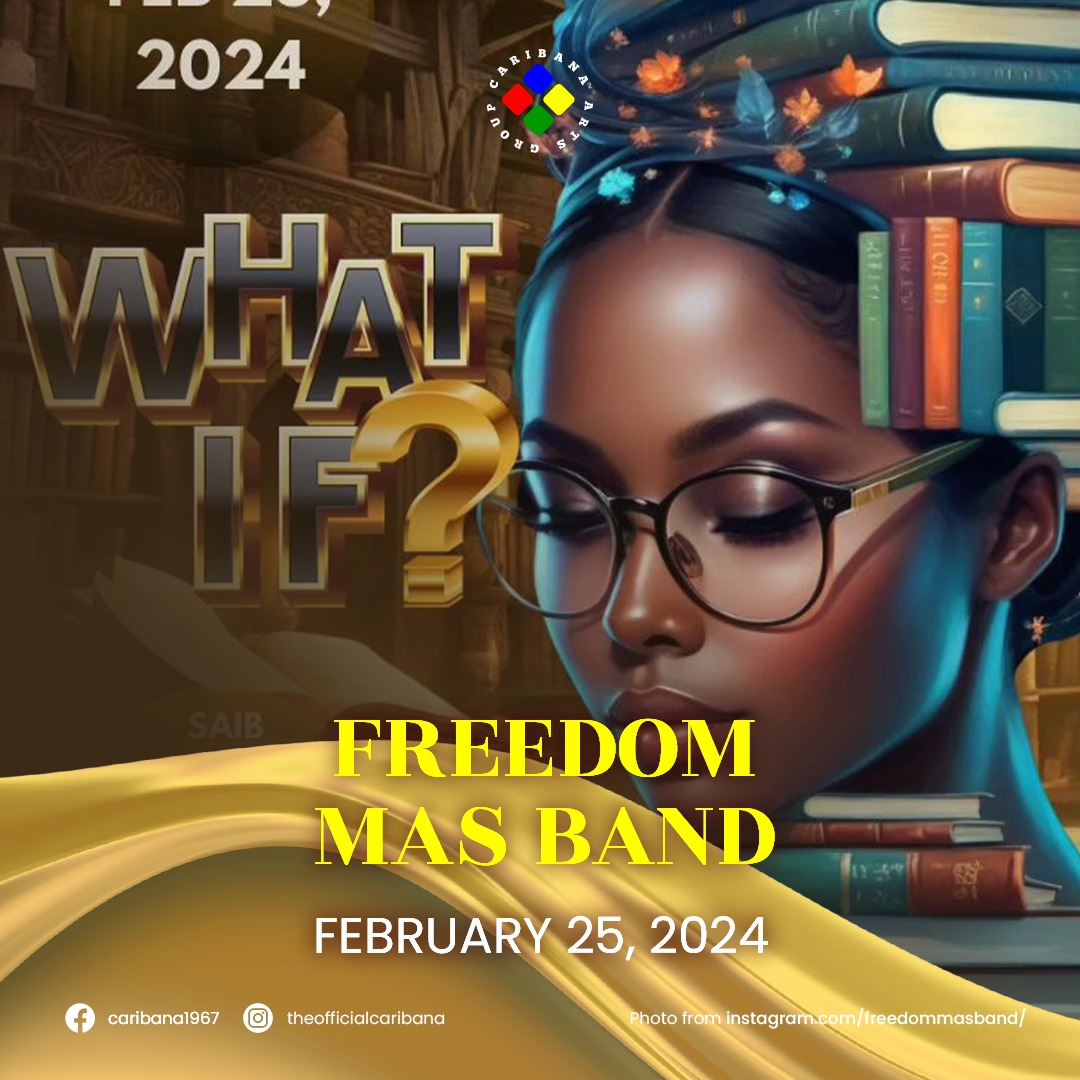 Promotional poster for the freedom mas band event on february 25, 2024, featuring a woman with books stacked on her head, stylized with vibrant colors and artistic effects. Toronto Caribana Carnival: Ultimate Guide to Caribana Festival Events