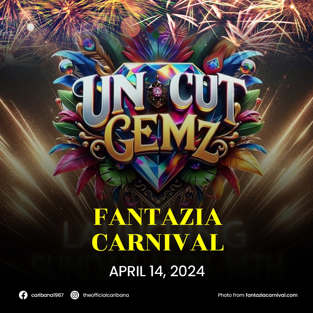A vibrant poster for fantazia carnival titled "unicut gemz" scheduled for april 14, 2024, featuring colorful fireworks and elaborate graphic designs. Toronto Caribana Carnival: Ultimate Guide to Caribana Festival Events