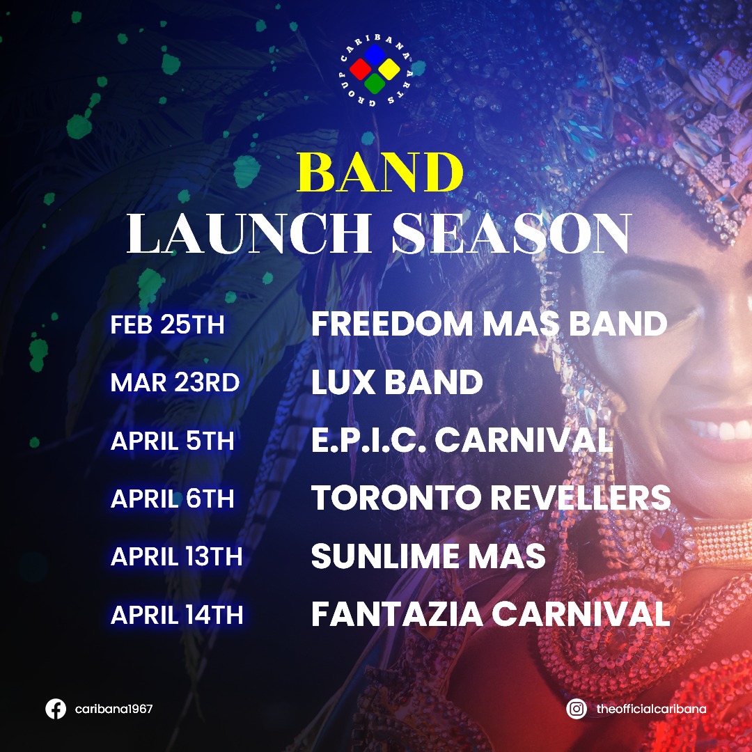 Promotional image for carnival band launches with event dates, featuring a joyful woman in festive attire and colorful feather details. Toronto Caribana Carnival: Ultimate Guide to Caribana Festival Events